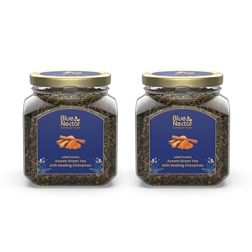 Image of Blue Nectar Cinnamon Loose Green Tea Leaves | Metabolism Booster Himalayan Green Tea in Air-Tight Glass Jar | Includes Free Tea Infuser (65g, Pack of 2)