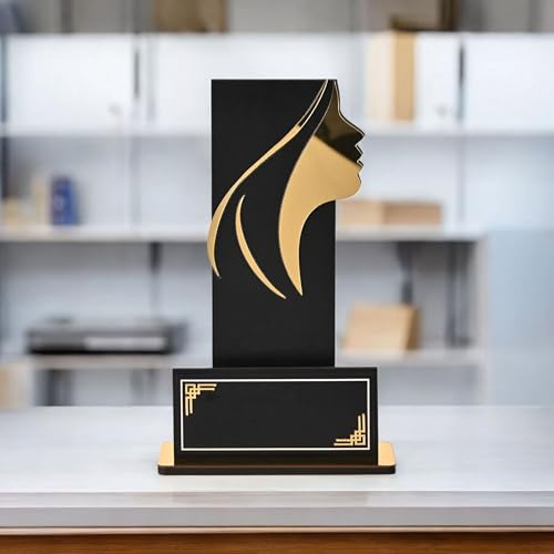 Image of GKD Wooden Women's Trophy Award | Female Achievement Award, Employee Recognition, Corporate Appreciation Memento, Leadership Award Trophy | Self-Customizable with Stickers (Black & Gold)
