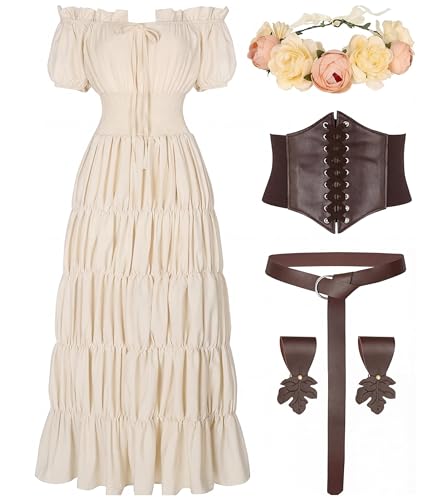 7 Pcs Renaissance Costume Women Medieval Dress for Women Cottagecore Dress Peasant Dress Beige X-Large