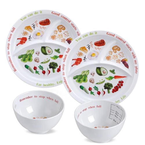 Yuecda 4-packPortion Control Plate for Balanced Eating -Healthy Nutrition Plate for Adults and Teens - Melamine Dividers Perfect for Balanced Eating and Diet ManagementArc-Shaped Style