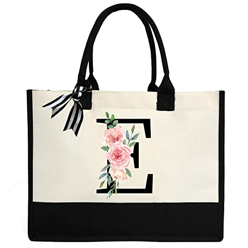 Bolsa feminina de lona com inicial personalizada, bolsa de praia com bolso interno com zíper para casamento, aniversário, praia, férias, Preto, Medium