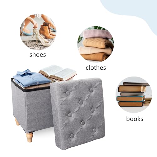 Image of CAROLMADE Folding Storage Ottoman Cube Linen Footstool with Wood Legs Ottoman Footrest for Living Room and Bedroom Brown, Grey 15 inchx12.6 inchx15.4 inch