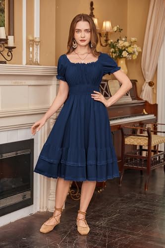 Image of Scarlet Darkness Gothic Pirate Corset Dress for Women Summer Vintage Square Neck Renaissance Dresses Navy S