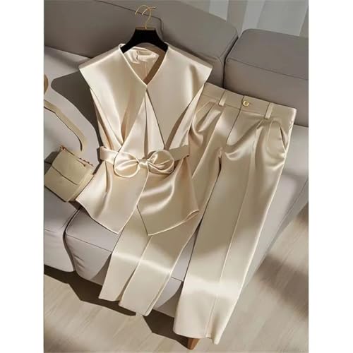 Alloaone Women's Beige Satin Two Piece Set - Elegant Sleeveless Vest and High Waist Wide Leg Pants for Effortless Summer Style - Image 3