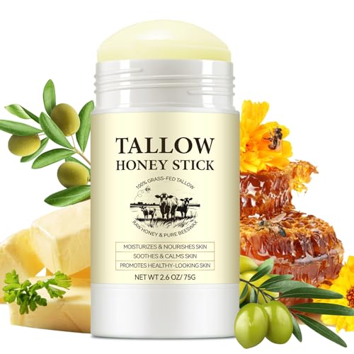 Palillo de miel de sebo, bálsamo con sebo de ganado alimentado con hierba y miel cruda para pieles secas y sensibles, nutre la piel con cera de abeja y manteca de karité para cara y cuerpo – 75 g