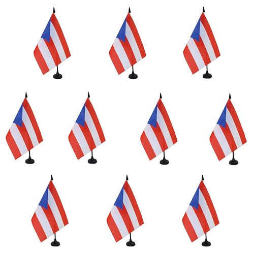 AZ FLAG - Lot de 10 Drapeau De Table Porto Rico 21x14 cm - 10 Petits Drapeaux Portoricain De Bureau 100% Polyester Avec Hampe De 25cm Et Socle En Plastique Noir