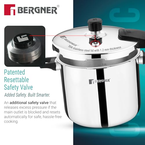 Image of Bergner Argent Classic Triply Stainless Steel Pressure Cooker 10L, Even Heat Distribution, Triply Cooker with Resettable Safety Valve, Sturdy Handle, Easy to Clean - Induction and Gas Stove Ready