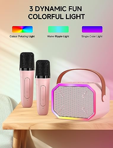 Karaoke Machine for Kids and Adults, Mini Portable Bluetooth Speaker with 2 Wireless Microphones, Kids Gift for Girls Boys Family Party Birthday (Pinkcolor) - Thumbnail 5