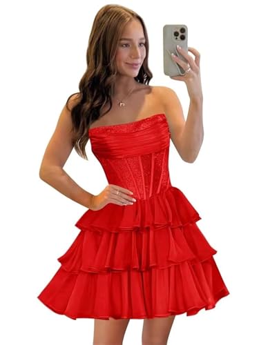 Zeeyecie Sequin Chiffon Tiered Homecoming Dresses| A-Line HOCO Dresses Ruched Corset Sequined Beaded Short Prom Dresses