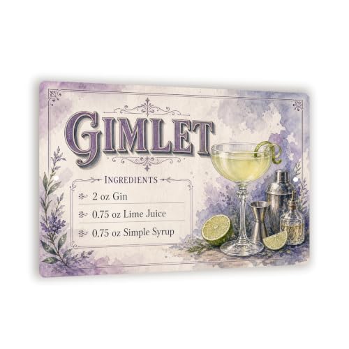 Gimlet Recipe Metal Sign - Watercolor Bar Wall Decor - 8x12 Cocktail Art