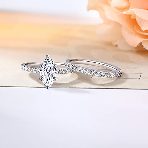 Image of 2 CT Marquise Cut Engagement Travel Rings Set for Women 18K White Gold Plated Fake Wedding Ring Band Promise Rings for Her, Cubic Zicornia Ring 2 PCS, Size 4-11