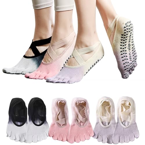 Yoga Socks for Women Non-Slip Grips & Straps,Ideal for Pilates,Five Toes Socks Soft Breathable Yoga Gradient Color Liner Socks Sweat-absorbent Deodorant Anti-friction (3color, 3Pairs)