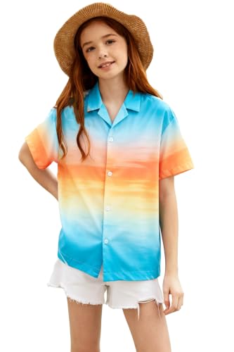 Image of Betusline Girls' and Womens' Hawaiian Shirt Blouse Button Down Beach Shirts | Casual breathable and comfortable Short Sleeve V-Neck Floral Tropical Blouse