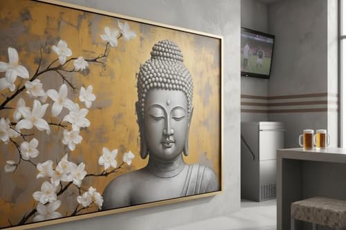 Tableau bouddha doré sur toile 80x120cm sans cadre art floral zen