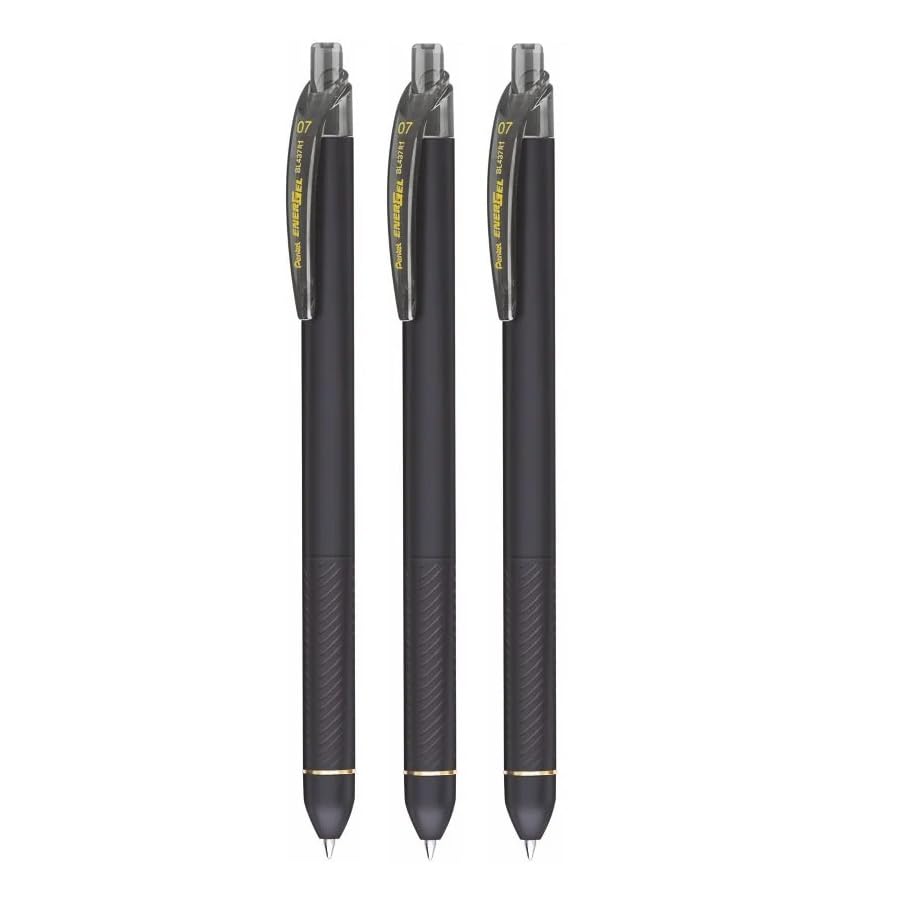 Image of Pentel EnerGel 0.7mm Click Roller Gel Pen | Textured Grip with Retractable Mechanism | Quick Dry Ink for Smudge-Free Writing | Black Ink, Pack of 3 Pens (BL437R)