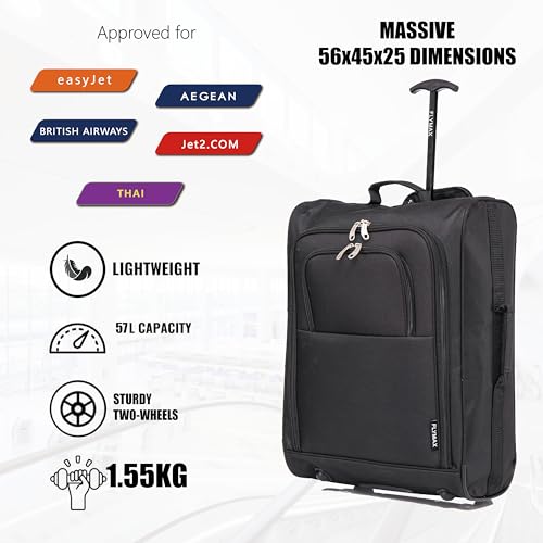 56x45x25 Easyjet Cabin Bag Hand Luggage Approved Cabin Case Lightweight Suitcase Also Approved for BA Jet 2 1.5kg 57L Black - Image 5