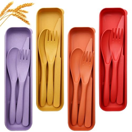 OMJMYY 4 Set di Posate con Custodia Portaposate da Viaggio Riutilizzabili Posate Plastica Rigida Lavabili Portatile Posate da Campeggio Set di Coltello Cucchiaio e Forchetta per Uso Quotidian Picnic