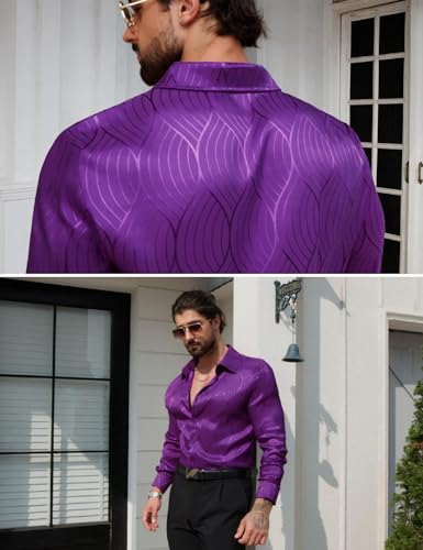 Men Metallic Satin Dress Shirt Luxury Jacquard Long Sleeve Casual Button Down Shirts Silk Shirts4