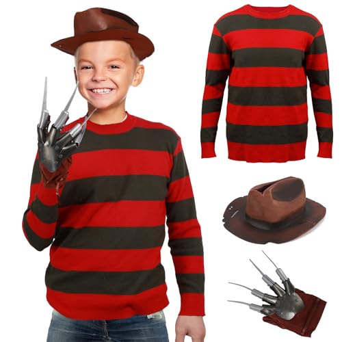 shyhand Halloween Killer Costume Kids Sweater Hat Glove Killer Striped Jumper Krueger Halloween Cosplay Outfit 3-14 Years