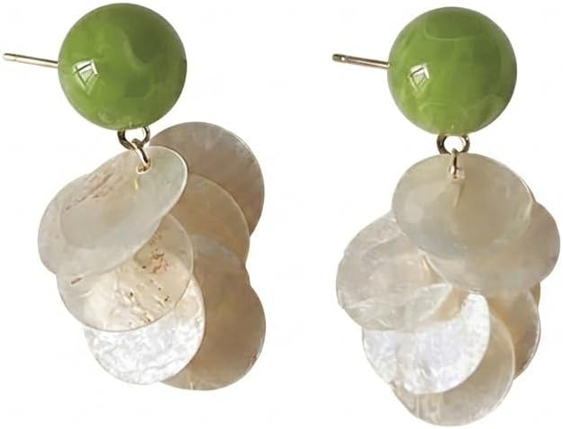 Natural Shells Handmade Dangle Earrings for Women 925 Sterling Silver Post Green Fairy Layered Summer Refreshing Seaside Idyllic Holiday Stud Earrings