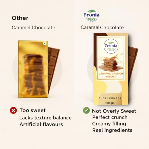 Image of Fronia Caramel Crunch Kunafa Chocolate Bar 200gms Dubai Style - Chocolate Dessert, Milk Chocolate with Creamy Caramel Filling & Crunchy Kunafa Layers | 200g