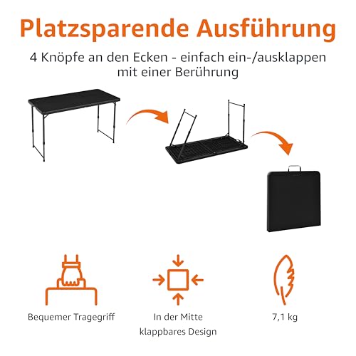 Amazon Basics Klapptisch, rechteckig, 4-fach höhenverstellbar mit Tragegriff, für drinnen und draußen, tragbar, leicht, Reisetisch, Picknick, Camping, Schwarz, 121,4 x 60,7 x 86,1 cm
