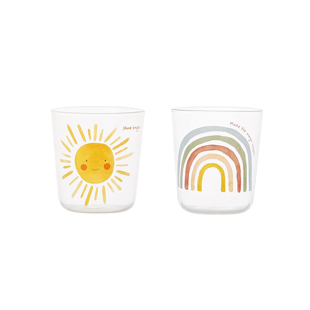 Clear Glass Milk Cup Set of 2 for Hot and Cold Drinks 450ml/15.8oz Coffee Cappuccino Macchiato Latte Tea Juice Borosilicate Cups with Sun Pattern (Sun & Rainbow)