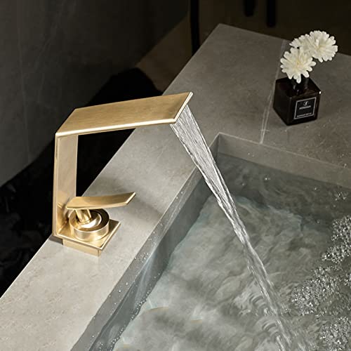 Grifo de lavabo cascada para un baño estilo spa, monomando dorado cepillado 7