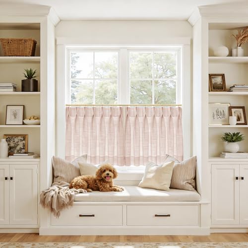 Image of TWOPAGES 34 inch inch W x 45 inch inch L Linen Blend Cafe Curtains for Kitchen Window, Light Filtering Pinch Pleated Tier Curtains, Modern Farmhouse Half Window Curtains for Small Window, Pink Lemonade, 2 Panels