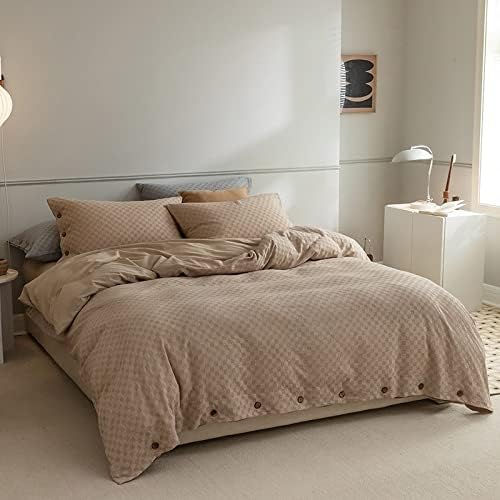 Miniatura 5 de Juego de ropa de cama de algodón lavado, funda de edredón doble, con botones, tejido de gofre, suave, 4 piezas, sábana bajera ajustable