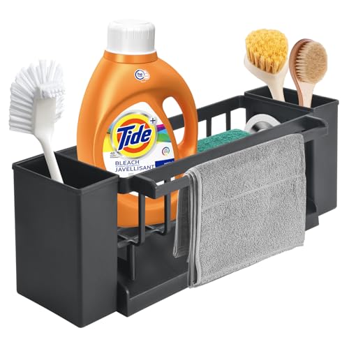 TOKPLNU Kitchen Sink Organiser with Dishcloth Hanger& Brush Holder,Soap and Sponge Holder for Kitchen Caddy Sink Tidy Storage Rack Washing Up Utensil Caddy for Bathroom,Black