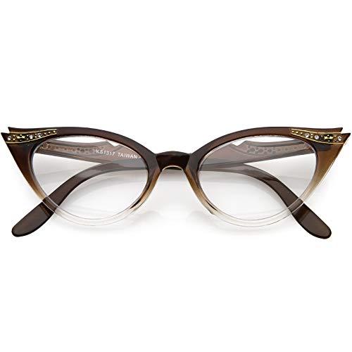 zeroUV Blue Light Blocking Vintage Cat Eye Glasses for Women UV400 Embellished with Rhinestones, 50s Rockabilly Accessories 51mm (Brown-Fade)