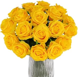 FLORRALIA Yellow Fake Roses Artificial Flowers - 10 Pcs Fake Artificial Roses Silk Flowers with Stems for Home Wedding Hotel Office Centerpiece Decor