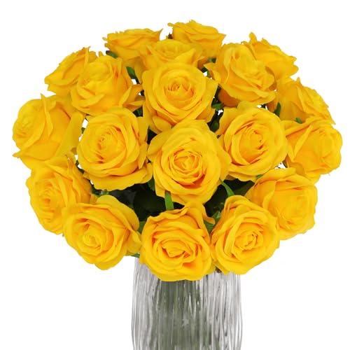 FLORRALIA Yellow Fake Roses Artificial Flowers - 10 Pcs Fake Artificial Roses Silk Flowers with Stems for Home Wedding Hotel Office Centerpiece Decor