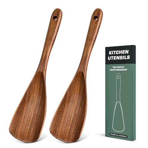2Pcs Wooden Spatula Spoon, Multifunction Cooking Spoon for Nonstick Cookwares,