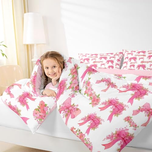 Image of Erosebridal Pink Floral Bowknot Queen Bedding Set Girly Bows Ribbons Comforter Set for Kids Teens Valentine Flowers Comforter Bow Tie Princess Duvet Insert