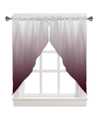 BEMIGO Swag Valances for Windows, Gradient Color Rod Pocket Kitchen Window Curtains Over Sink, Wine Red White Window Curtain Panel Swag Curtains Valences, 63 Inches Length