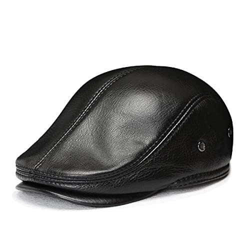 Fashion Men’s Ma'am Classic Adjustable Genuine Leather Newsboy Cap ， Driving 、Hunting、 Fishing、 Beret Hat Flat Cap，Brown And Black (Black) #TOP3
