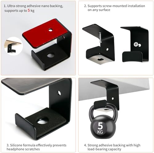 Stinzgie Strong Adhesive Headphone Holder Under Desk, Aluminum Headset Mount Hook with Rubber Pad - 2 Installation Styles for Gaming, Office, Classroom (1 Pack) - 4