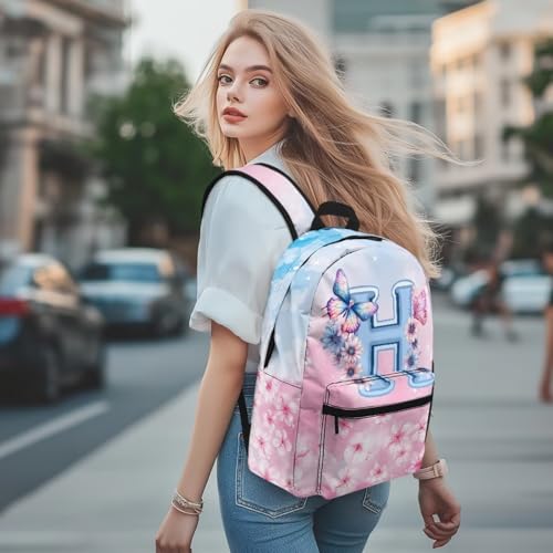 WELLFLYHOM Butterfly Custom Name School Bag for Girls 17 Inch Laptop Backpack Initial H Cherry Blossom Personalized Bookbag Daypack for Junior High School Students4