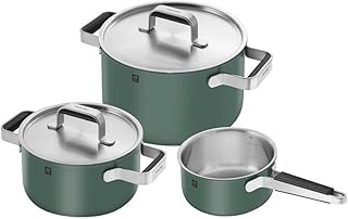 Pure Cookware Green, Set of 3 3Ply Stainless Steel Coloured Ceramic Outer Coating Stay Cool Handles Dishwasher Safe