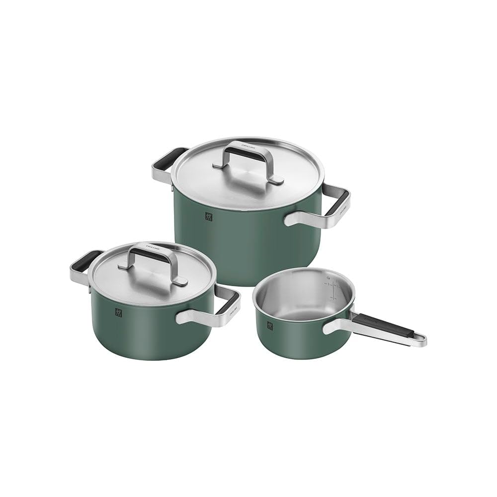 ZWILLING Pure Cookware Green, Set of 3 3Ply Stainless Steel Coloured Ceramic Outer Coating Stay Cool Handles Dishwasher Safe