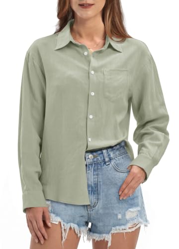 Willit Women's Linen Shirts Button Down Loose Fit Sage Green M