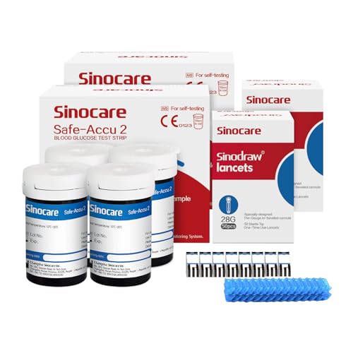 Sinocare Safe-Accu2 Strisce Reattive per Glicemia, Contiene 100 Strisce e 100 Lancette, Solo per il Glucometro Safe-Accu2