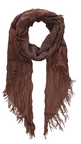 Striped Long Cotton Woven Scarf, Asymmetric Shawl with Fringe for Women and Men (Coffee)
