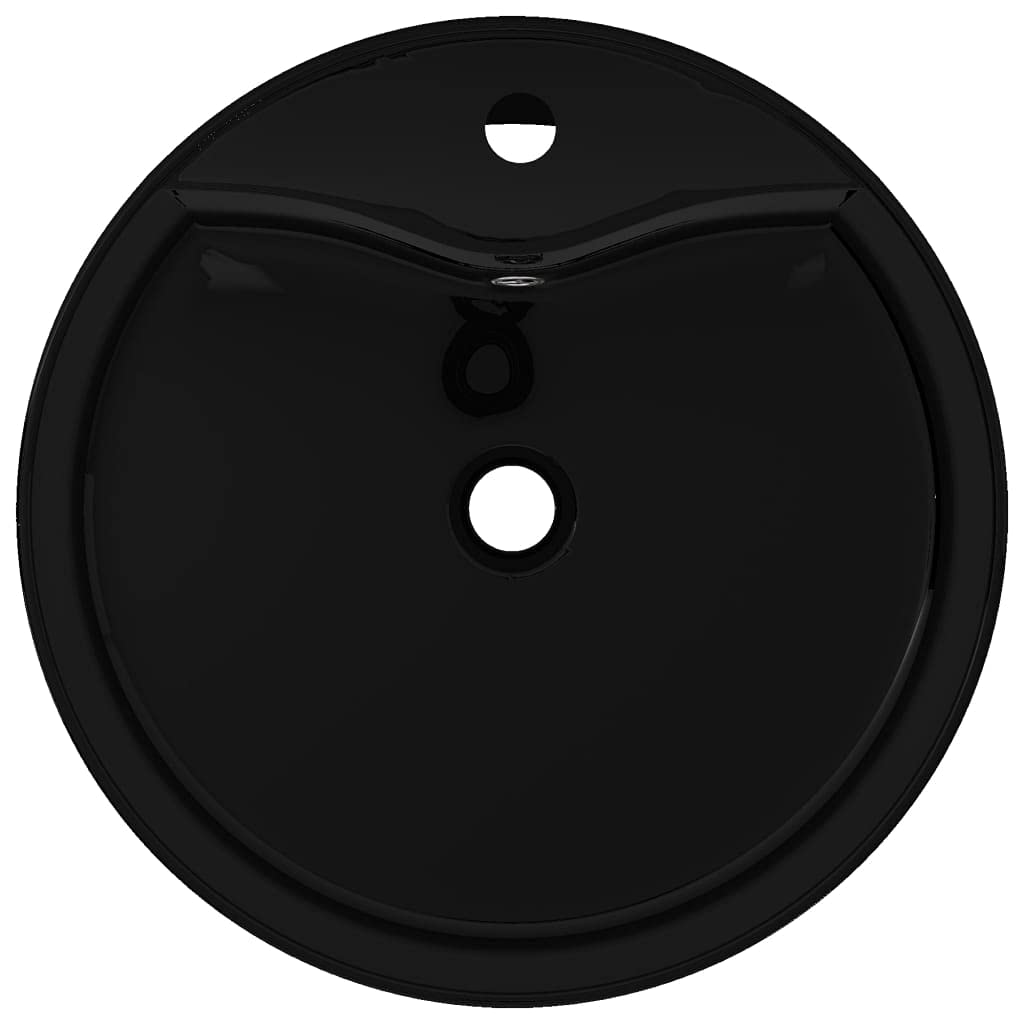 AUVYI Gästetoilette Waschbecken Keramik Hahnloch/Überlaufloch Schwarz Rund 46,5x15,5 CM Aufsatzwaschbecken Kosmetikraum Möbel Waschbecken Gäste WC Handwaschbecken für Waschraum Badezimmer