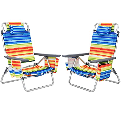Image of Giantex Folding Beach Chair, Patio Sling Chairs with 5 Adjustable Position, Head Pillow, Storage Bag, Towel Bar, Cup Holders, Backpack Chairs for Sunbathing, Camping Chair