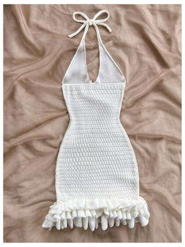 Image of GORGLITTER Women's Vacation Outfit Crochet Halter Knit Bubble Mini Dress Sexy Beach Cruise Summer Miami Resort Outfits