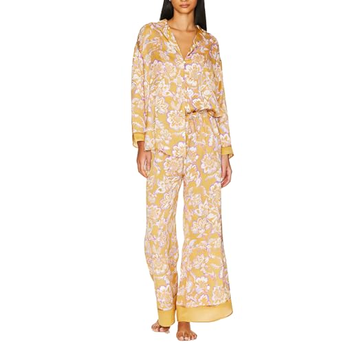Image of Women Satin Pajama Set Floral Silk Pajamas 2 Piece Lounge Sets Button Down Shirts Wide Leg Pants Pjs Sleepwear