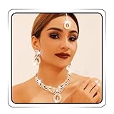 JEAIRTS Rhinestone Indian Bridal Jewelry Set Gold Crystal Necklace Earrings Maang Tikka Traditional Wedding Party Accessories for Women